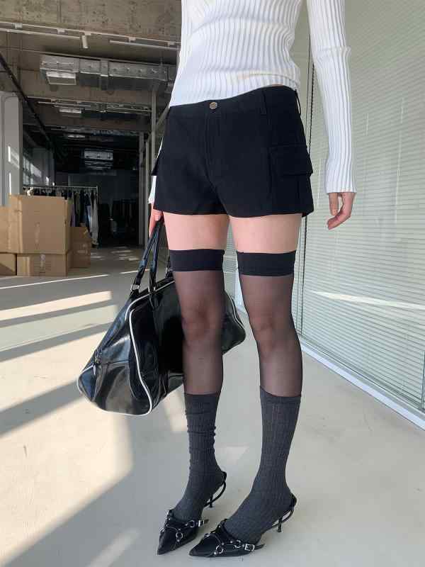 レディース ショートパンツ 高腰 タイト 3分丈 ポケット 韓国風 かき 黒 ポリエステル スパンデックス ミックス 微弾性 カジュアル デイリー ストリート ファッション ビンテージ風 春季