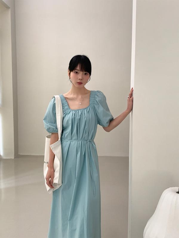 ワンピース レディース 春夏 長丈 大型フレアスカート 方領 泡泡袖 短袖 高腰 プリーツ コットン 純色 基本款 韓国風 日韓スタイル セットアップ 単品 ユニセックス 日常使い 外出用 旅行用 軽量 伸縮性 接触冷感 吸湿速乾 ハイウエスト ビッグシ｜LiLishop6