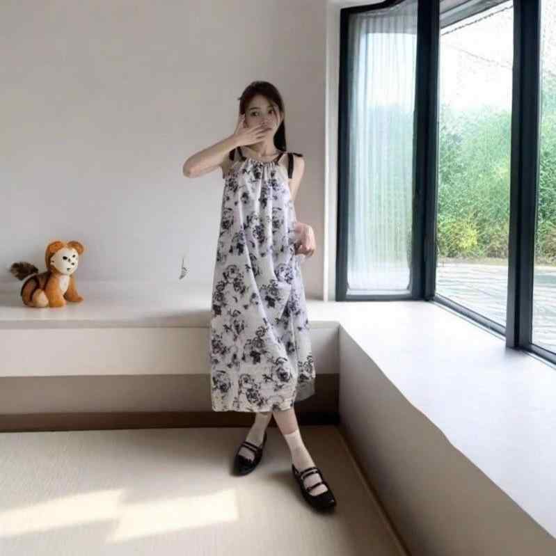 ワンピース レディース 吊帯 中長 夏 春夏 花柄 プリント ゆったり スリム 涼しい ポリエステル 無袖 ビーチ ドレス 休暇 スタイル セット ベルト 調整 可能 快適 素材 花色 バリエーション S M L XL サイズ 対応
