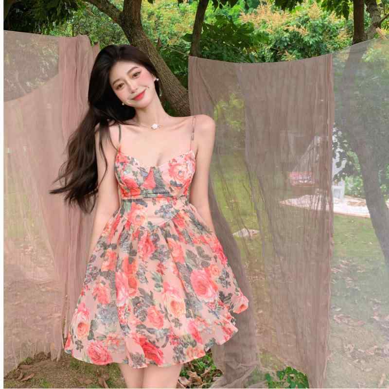ワンピース 女性用 春夏 吊り帯 プリンセス ミニスカート フラワー柄 花柄 プリント 高腰 背中開き ?? ポリエステル フィバー リラックス リゾート スタイル 気質 優雅 私服 名媛 セット 単品 無袖 無領 セット ヘッド ドレス スカート ショ