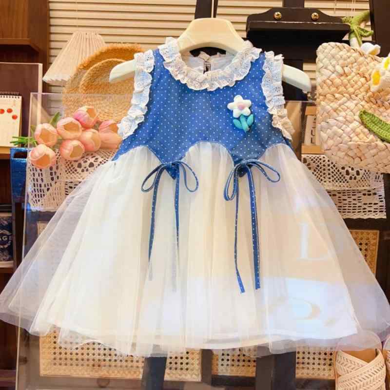 女の子 ワンピース 無袖 レース 網? ドット柄 Aライン 綿 柔らかい 夏 かわいい 洋気 プリンセス ドレス 休日 遊び着 3-8歳 90-150cm
