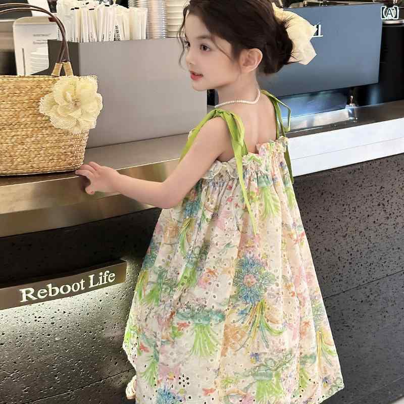 女の子 ワンピース 夏 吊り下げ 背心 A字スカート 綿 植物柄 緑 かわいい 洋気 プリンセス デザイン 女児 ドレス 軽やか 涼しい 日常 外出 遊園地