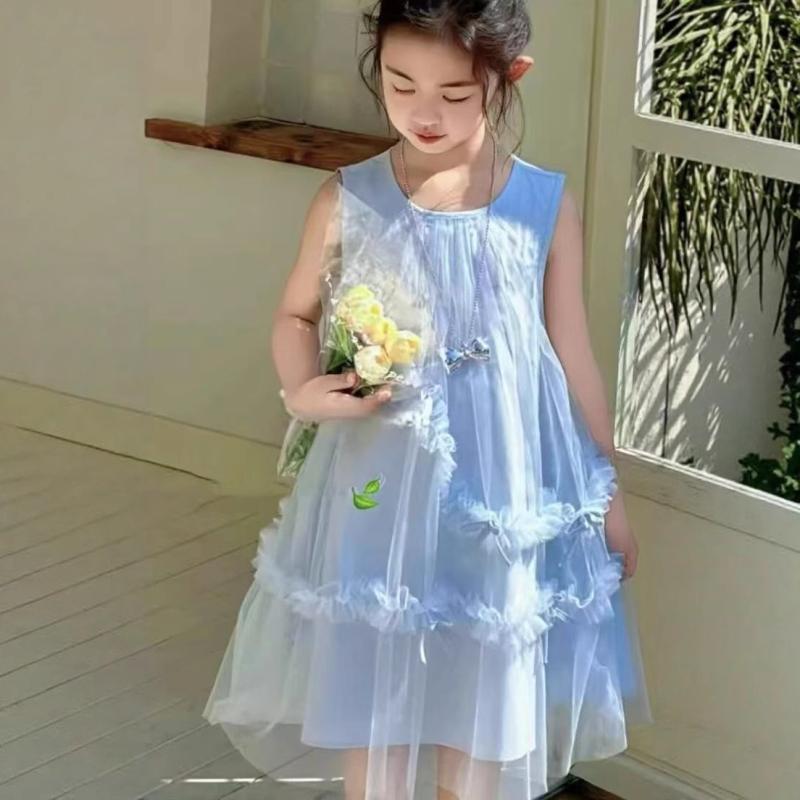 {"result": "女の子 ワンピース 夏 無袖 公主 スカート 綿混紡 ナイロン 素材 かわいい 洋気 デザイン 網? レイヤード 純色 ブルー イエロー ビーチ バカンス ガールズ トップス ドレス 軽やか 涼しい スタイル キッズ 服 ガーリー