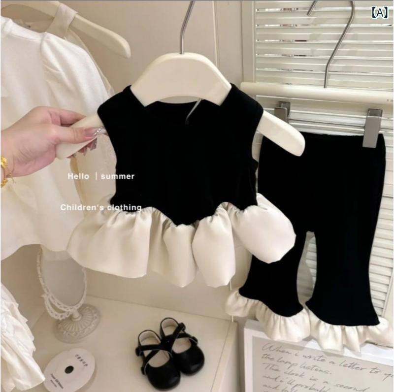 女の子 ベビー トップス 無袖 荷葉辺 デザイン 綿 素材 柔らか 黒 色 夏 服 七分 微喇 デザイン パンツ 2点セット 潮 スタイル プリンセス 風