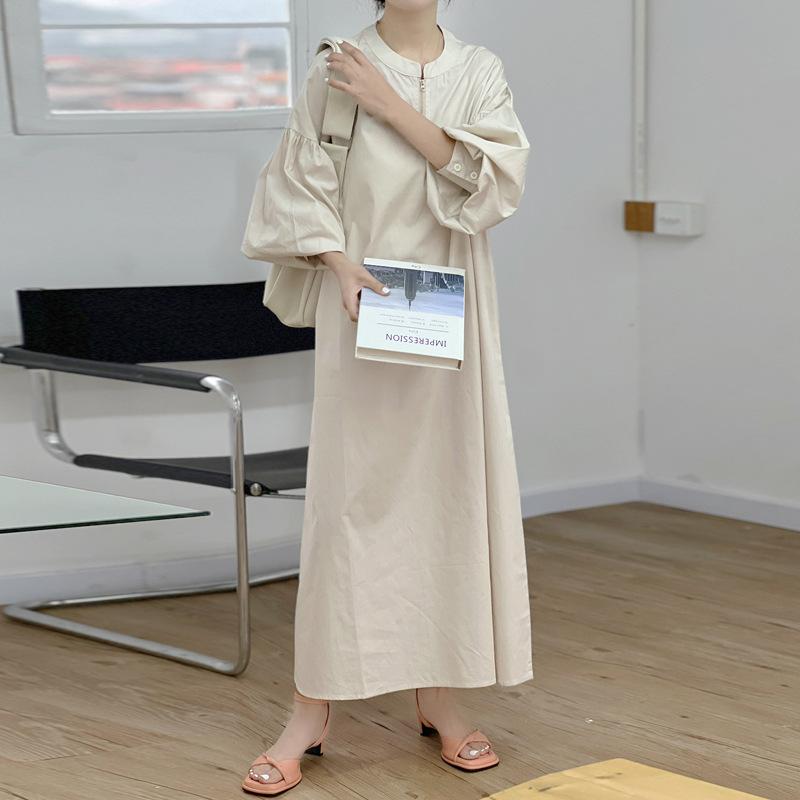 ワンピース レディース 長袖 Vネック ランフォースリーブ ハイウエスト ゆったり 細見え 長丈 荷葉辺スカート コットン100% 純色 セットイン ジッパー 街頭スタイル ホワイト ブラック カーキ
