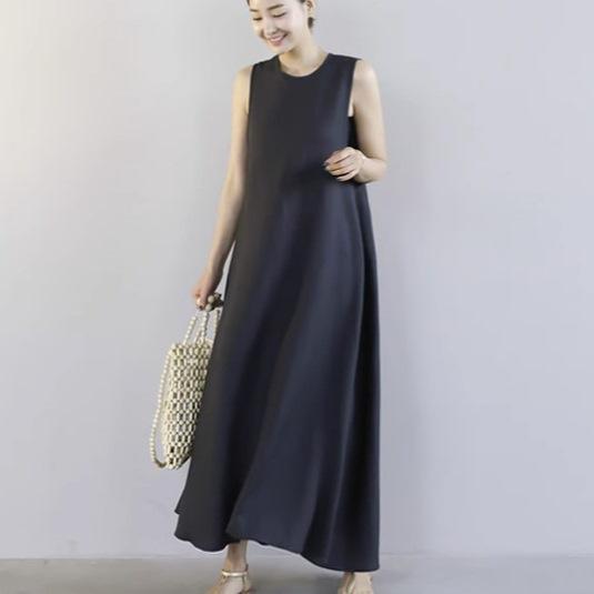 ワンピース 女性用 無袖 長丈 Aライン コットン リネン 素材 ブラック 単色 丸首 中腰 貼布 デザイン 通勤 気質 スタイル 快適 休? 夏 シーズン 休日 着用 脚丈 カバー