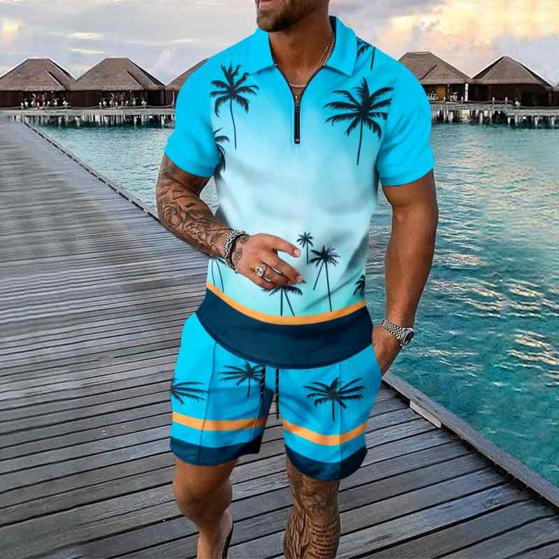 メンズ 夏服 セットアップ ハワイアン ココナッツ柄 短袖 Tシャツ 短パン 拉? 綿混紡 ポリエステル100 軽量 通気性 良い 運動 休? 屋外 ビーチ ウェア 天藍 ・柑其 緑 橙 カラー 2025 夏 新款 ファッション 都市スタイル 24-35歳