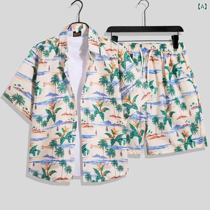 メンズ セットアップ シャツ 短パン セット 夏 海辺 リゾート 花柄 短袖 シャツ ゆったり トップス ポリエステル 混紡 生地 街頭 ヒップホップ スタイル 休? ファッション 白色 春季 新作 18-24歳 向け 青春 ポップ デザイン 通勤 普段
