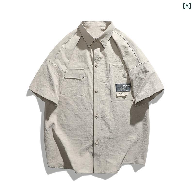 メンズ シャツ トップス 短袖 薄手 免? 透気性 ポリエステル 100% 翻領 開衫 ワイドフィット プリント ソリッドカラー 浅灰 煙灰 深カーキ 夏 春夏 韓国風 日系 港風 カジュアル ゆったり 痞? スタイル 青年 18-24歳 日常使い