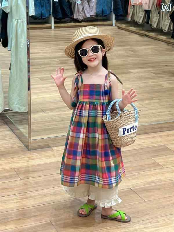 女の子 トップス 吊り帯スカート 花辺 休?パンツ セット 夏 綿100 無袖 3-8歳 中小童 休? スタイル かわいい 格子柄 毛玉デザイン レイヤード 普段使い