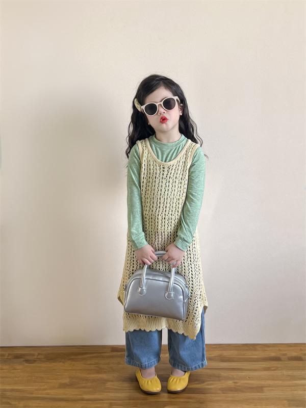 女の子 トップス 無袖 ニット トップス スカート インナー トップス 直筒 デニム パンツ セット 春 綿 ポリエステル 柔らかい 素材 普通 厚み 緑 緑 柄 90-140cm 中小童 3-8歳 長 ズボン 袖なし セットアップ 韓国 風