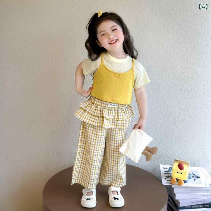 女の子 Tシャツ トップス 綿素材 短袖 薄手 柔らかい セットアップ レイヤード 吊りトップ 韓国風 ゆったり 黄色 純色 夏服 中小童 3-8歳 90-140cm