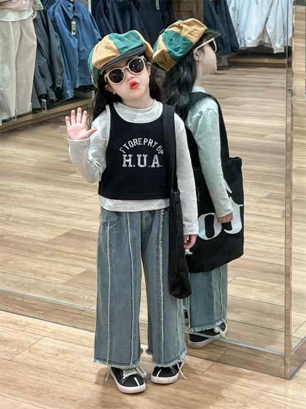 女の子 トップス 背心 ロングスリーブ Tシャツ セット 春秋 綿 100% ニット 生地 毛縁 ワイドレッグ デニム パンツ セット 韓流 スタイル 普通 厚み かわいい レイヤード 洋気 デザイン 中小児 3-8歳 90-140cm 対応