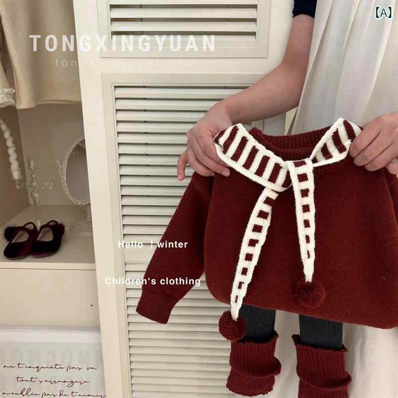 女の子 トップス セーター 毛衣 ニット 長袖 赤 綿 厚手 冬 柔軟 純色 セット 韓風 3-8歳 中小児 長袖 ノーハット 潮風 コットン90% B級安全 セットヘッド 90-140cm 身長対応 柔らかい加工 暖かみ 日常着 学校着 室内着