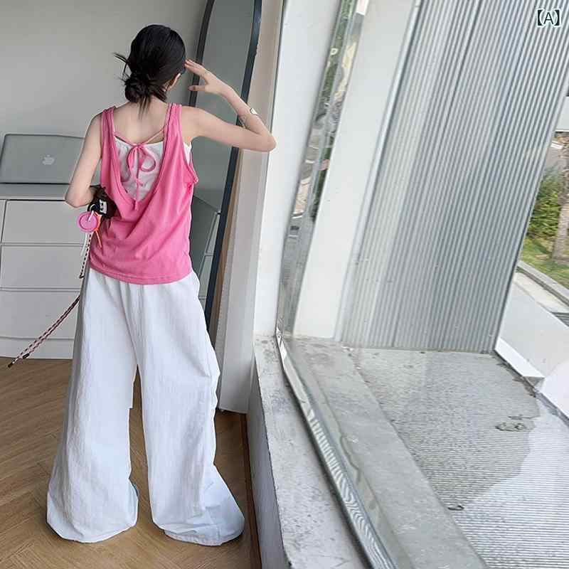 女の子 トップス 吊り紐 無袖 背中開き かわいい デザイン キャミソール セット 夏用 薄手 綿混紡 柔らかい 素材 ピンク ホワイト ロングパンツ ワイドレッグ ゆったり シルエット 子供服 女児 8歳以上 日常 遊び着 涼しい 快適 組み合わせ コ