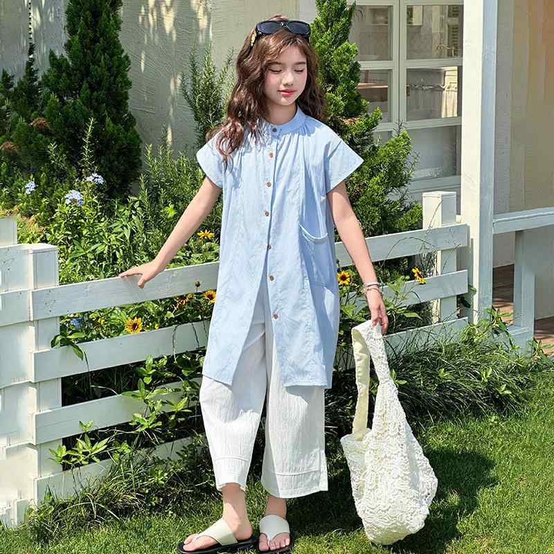 女の子 トップス スカート セット 夏 服 短袖 シャツ ワイドパンツ 直筒 ロングスカート 綿 素材 薄手 柔らかい 生地 純色 無地 柄 日系 スタイル 軽やか 涼しい キッズ 子供服 女児 普段使い 遊び着 ゆったり デザイン 120cm 130c