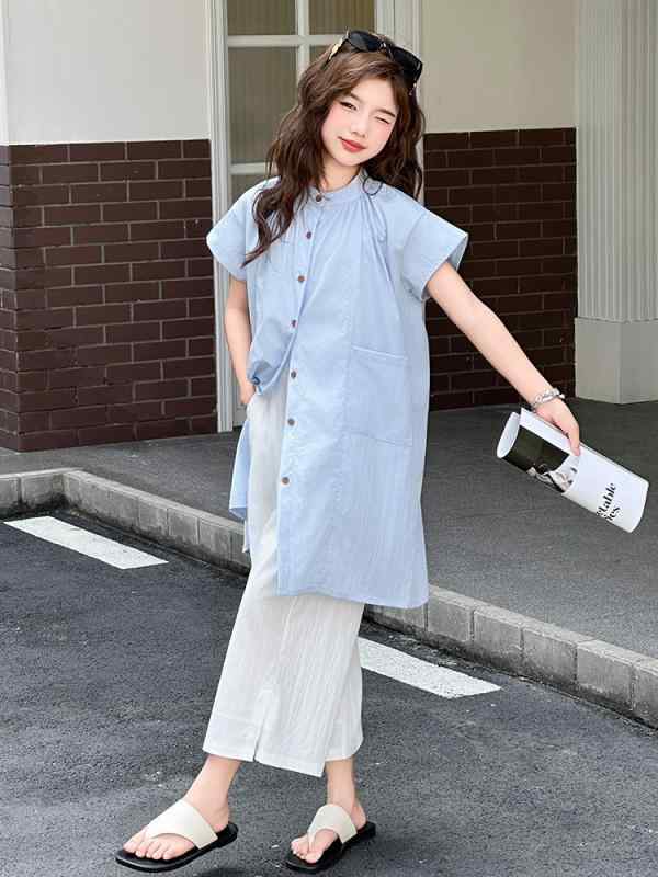 女の子 トップス 短袖 シャツ スカート 長め ワンピース ショートパンツ 九分丈 韓国風 夏服 セット 2点組 薄手 柔らかい ポリエステル 100% 純色 開きデザイン 単排ボタン 8歳以上 120-170cm 対応 日常 学校 遊び着 かわいい ス