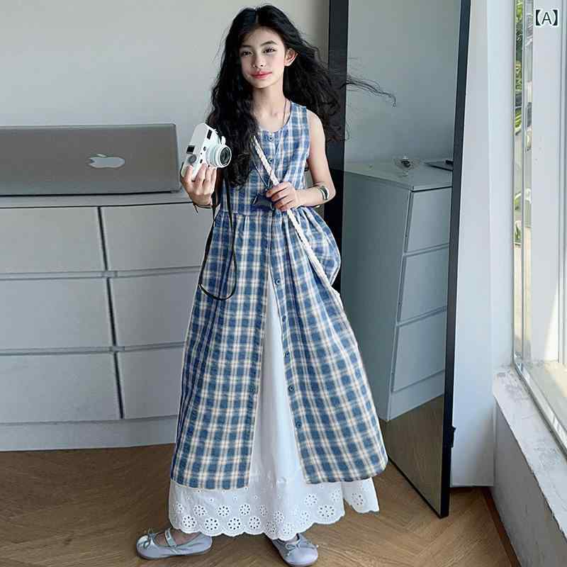 女の子 ワンピース スカート セット 夏 格子柄 背心 トップス かわいい 韓国風 レイヤード スタイル ゆったり カジュアル 薄手 綿混紡 柔らかい 素材 短袖 長スカート ブルー レトロレッド 120-170cm 中学生 大学生 女児 日常 遊び着