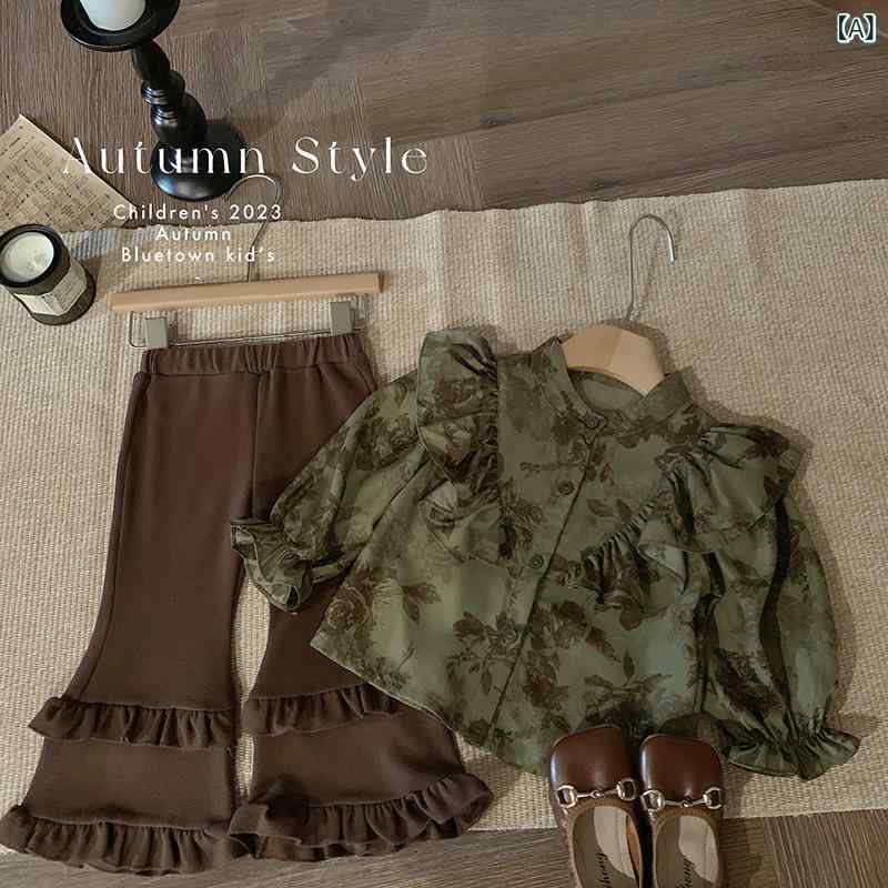 女の子 セットアップ 秋 服 かわいい 小香風 復古 碎花 シャツ 長袖 薄手 綿 素材 ・稀色 喇叭パンツ 兩件セット 韓風 名媛スタイル 3-8歳 100-140cm 通学 日常 オシャレ コーデ