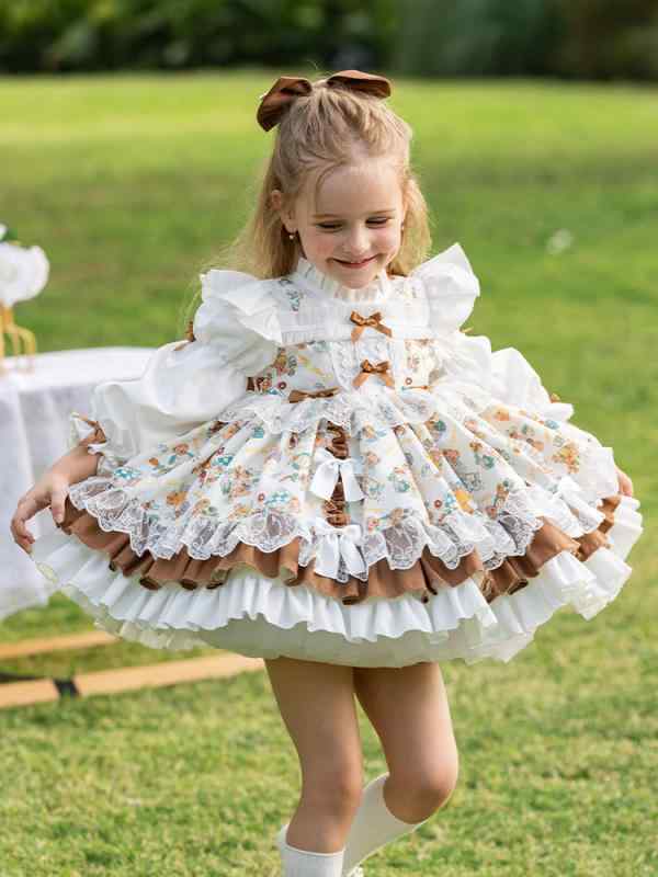 女の子 ワンピース 連衣裙 ロリータ風 綿100% A字スカート かわいい プリンセス スカート 女児 ドレス 秋季 3-8歳 90-150cm ブラウン カジュアル 日常使い 子供服 幼児 ガールズ トップス スカート コットン 素材 ソフト 軽やか