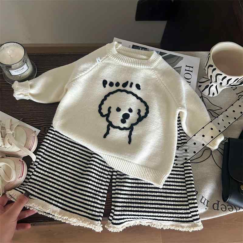 女の子 ニットセーター 長袖 かわいい 犬柄 トップス 綿混 柔らかい 素材 秋冬 トップス ストライプ ワイドパンツ 長ズボン 綿混 柔らかい 素材 秋冬 女の子 2点セット キッズ 服 韓国風 ストリート スタイル カジュアル 日常使い