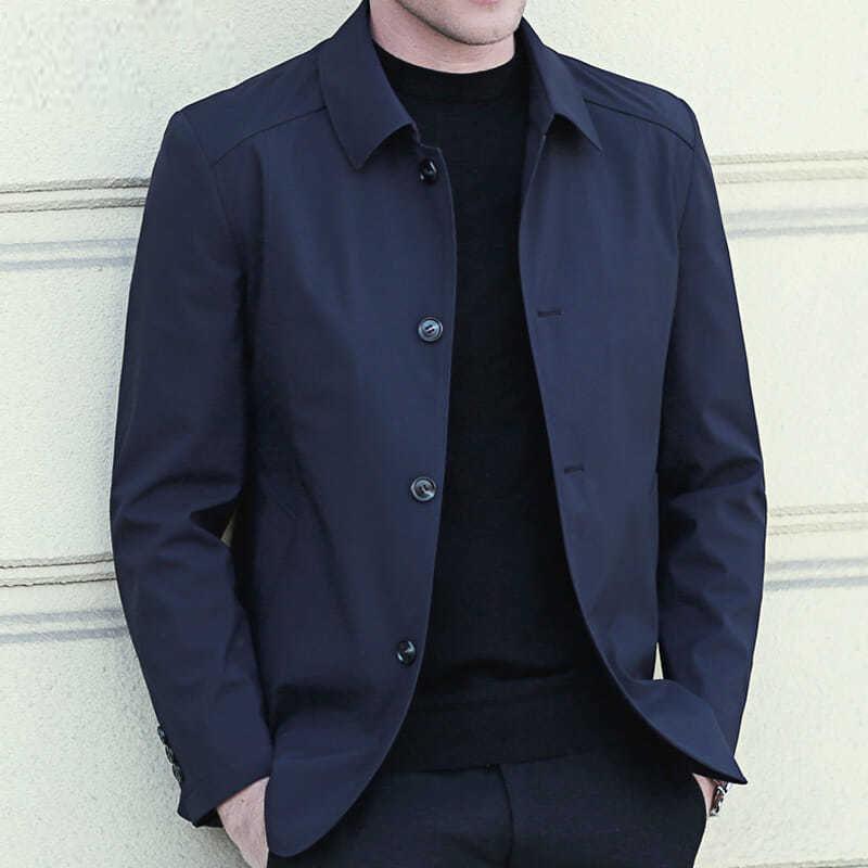 メンズ ジャケット 中年男性用 春秋 厚手 長袖 外套 上衣 中長丈 ルーズフィット 通勤 レイヤード 切り替え デザイン 丸下? サイドポケット ネイビー 黒 カーキ ヴィンテージ スタイル ラグジュアリー 感 ポリエステル 混紡 生地 軽量 暖かみ