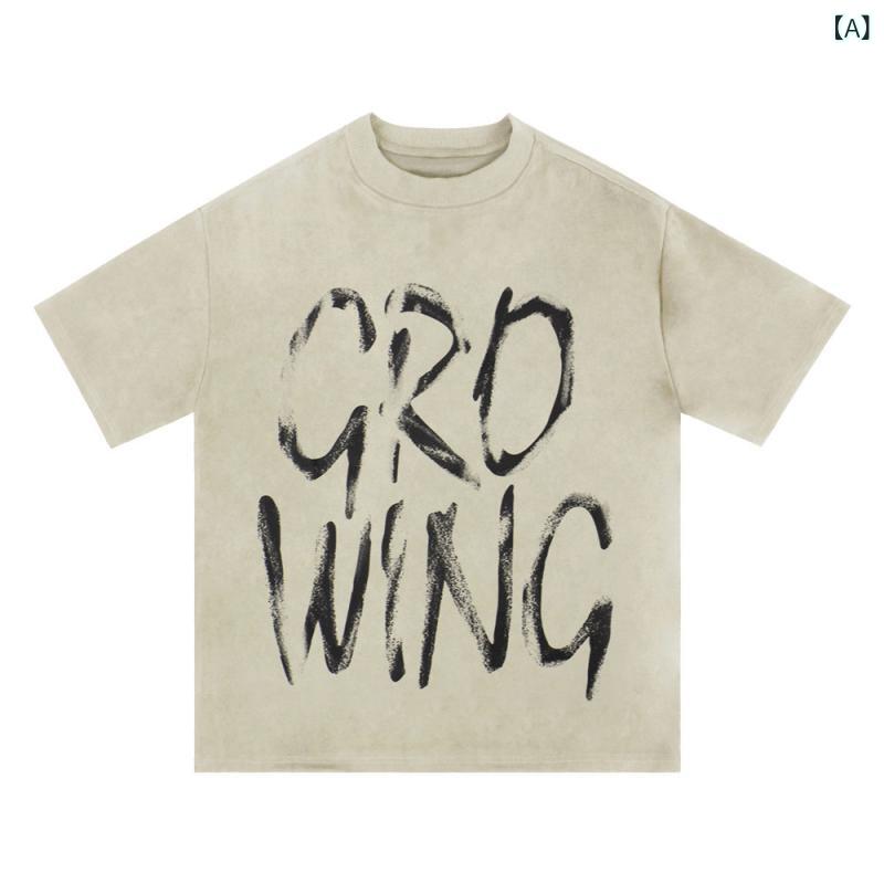 メンズ Tシャツ 短袖 綿素材 プリント柄 ゆったりシルエット ラウンドネック 透気性 夏用 杏色 紫色 黒 ストリートスタイル ユース向け グラフィックデザイン 日常使い