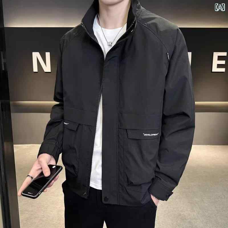 メンズ 立襟 ジャケット 合体型 フード付き 薄手 長袖 収口袖 嵌線ポケット 化繊混紡 ポリエステル 耐摩耗 シンプル 黒 緑 日常 春 秋 青少年向け 都市 スタイル