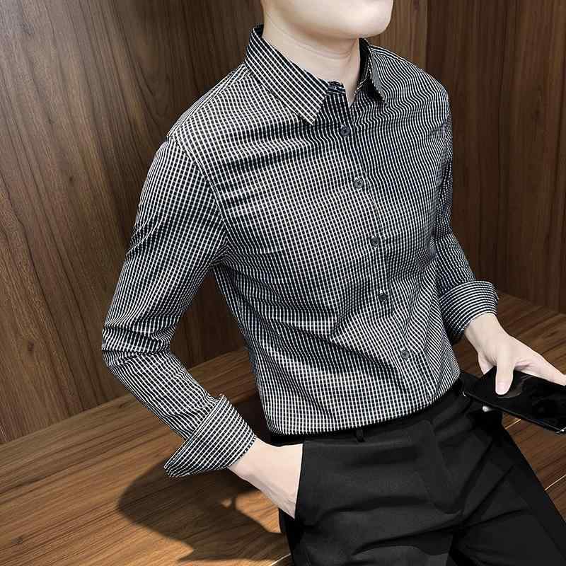 メンズ シャツ 長袖 春夏 修身型 格子柄 ビジネス 休? トップス 軽熟 尖襟 化繊混紡 麻素材 免? 日常 黒 白