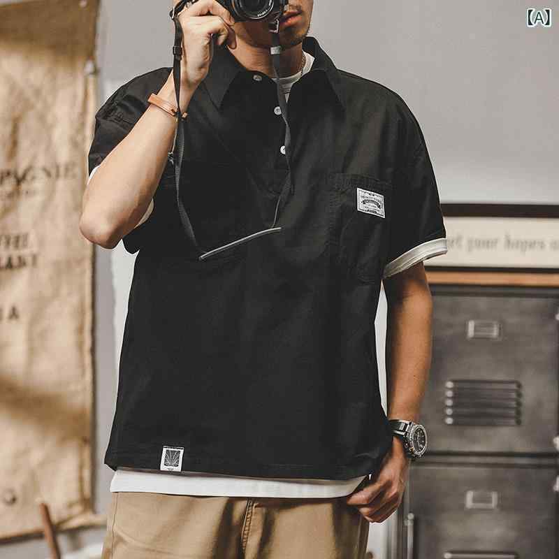 メンズ Tシャツ 短袖 夏季 綿 100% 純色 ゆったりシルエット 薄手 翻領 セットインスリーブ 黒 茶 ベージュ 青年向け 18-24歳 休? 通勤 普段使い 免?処理 韓国風