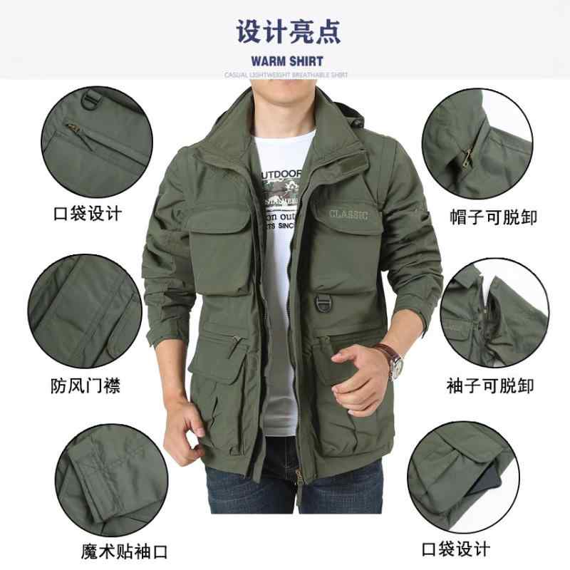 メンズ ボンネット付き添い人 上衣 軍緑 黒 カーキ 薄っぺら 長袖 真っただ中丈 耐摩耗 ナイロン混紡 ポリエステル裏地 ゆったり影ぼうし ジップアップ 多衣嚢 立体衣嚢 ストレートヘム 否鉄 山登り 山歩き 難民キャンプ アウトドア 運動競技 機