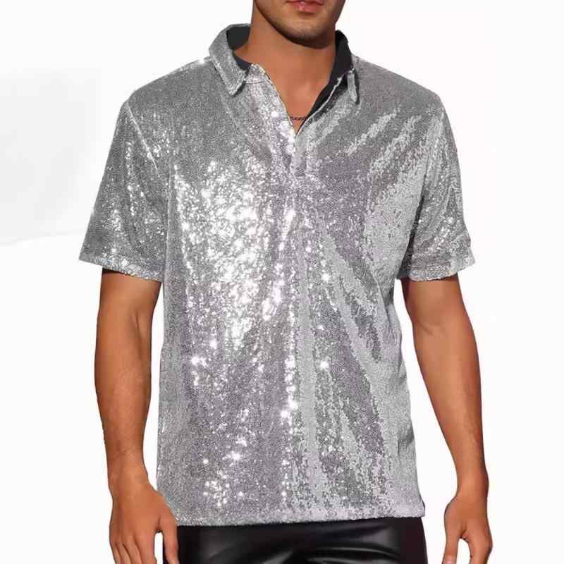 メンズ Tシャツ ポロシャツ 短袖 合体型 薄型 速乾 透気 吸湿排汗 耐摩耗 ポリエステル混紡 金属装飾 塗層加工 純色 セットネック ヴィンテージ風 ディスコ風 アメリカンスタイル 宴会 夏 青年向け 18-24歳 ブルー 金 銀 酒紅