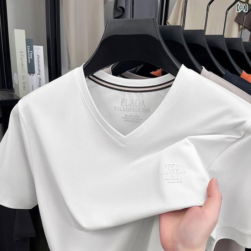 メンズ Tシャツ 男性用 Vネック 短袖 夏 純色 トップス ゆったり 薄手 透気性 吸汗 速乾 耐摩耗 伸縮性 ポリエステル 混紡 再生繊維 ビスコース 綿 日常 軽熟 カジュアル 都市 青年 刺繍 徽章 環境 白色 杏色 橙黄