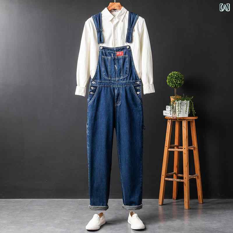 オーバーオール 吊り帯パンツ メンズ レディース 牛仔 デニム 直筒 ワイド ミドルウエスト ジップ開閉 裏起毛 水洗加工 深藍 復古 韓国風 日系 スタイル 工装 ユニセックス 青少年向け 通勤 普段使い カジュアル 長丈 ゆったり ストレッチなし オ