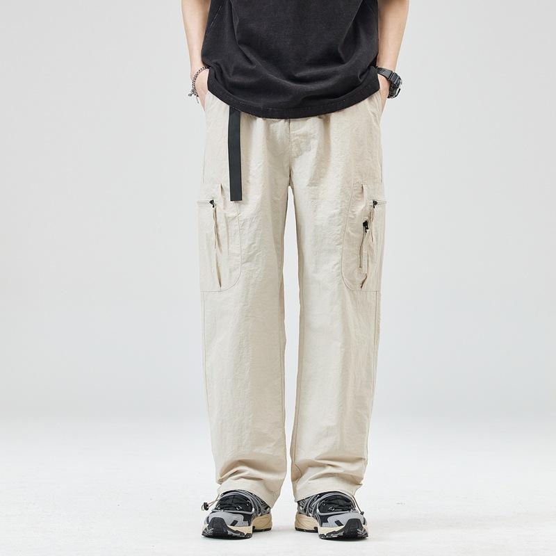 メンズ 工装パンツ 直筒 長ズボン ミッドライズ ロープクロージャー 薄手 無地 秋 化繊混紡 ナイロン100% 休? 直筒裾 ノーアイロン マイクロストレッチ 杏 軍緑 黒 ティーンエイジャー向け カジュアル ストリート 日常使い 軽量 通勤 普段使い