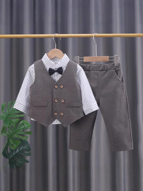 キッズ スーツ セット 男の子 ベビー 3点セット 長袖 長ズボン 縦ストライプ ネクタイ 馬甲 綿素材 柔らかい 普通厚 条紋 格子柄 春 秋 深棕 深灰 ・柑其 浅灰 80cm 90cm 100cm 110cm 120cm