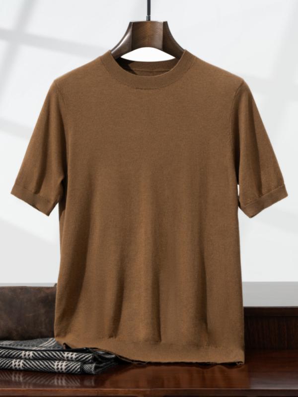 メンズ Tシャツ 短袖 丸首 ニット トップス 羊毛 100% 精紡 純色 ビジネス ビジネスカジュアル 通勤 日常 薄手 細糸 ゆったり ロブヘム 透気性 吸湿速乾 シルク加工 黒 グレー 緑 紫 夏季 オールシーズン 中年 青年|LiLishop6