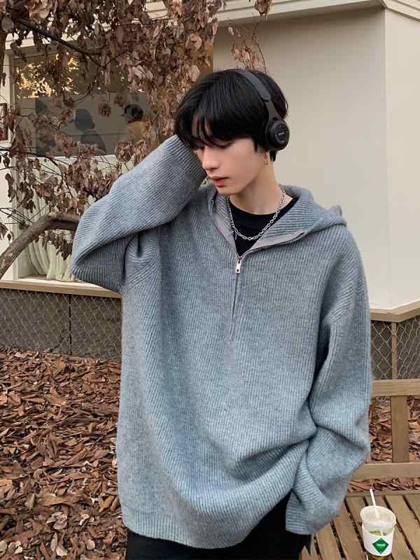 編み物 トップス メンズ 秋冬 ポリエステル 長袖 連帽 半ジップ ゆったり 影ぼうし 黒 灰 免? 産業 青二才 休?