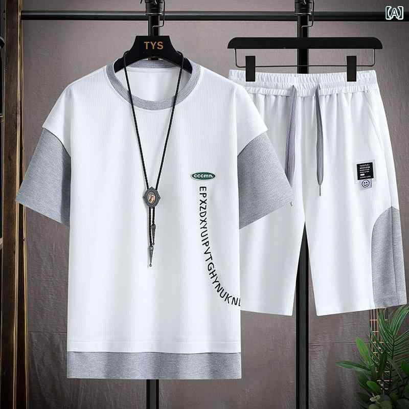 メンズ スポーツ セットアップ 夏 薄手 ワイド トップス ゆったり Tシャツ 短袖 ショーツ 組み合わせ かっこいい コットン混紡 ポリエステル フィット 涼しい 軽量 通気性 白色 灰色 ブルー 18-24歳 青春 流行 休? 日常使い アウトドア
