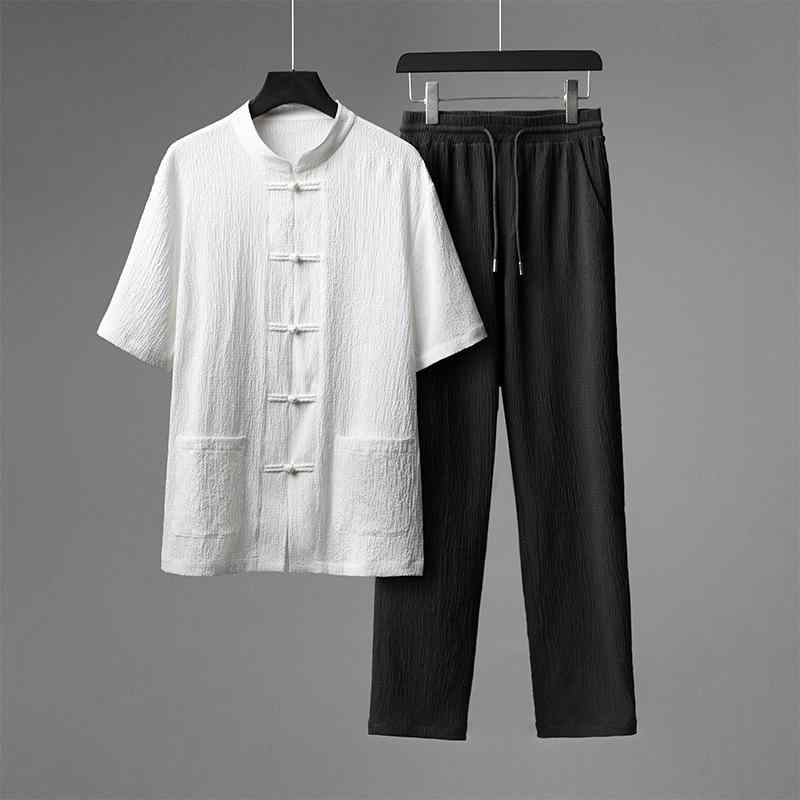 メンズ シャツ 短袖 セットアップ 接触冷感 薄手 綿麻風 中国風 漢服 唐装 日常使い 軽量 白色 灰色 黒 春季 薄型 ポリエステル 涼しい ゆったりシルエット｜LiLishop6