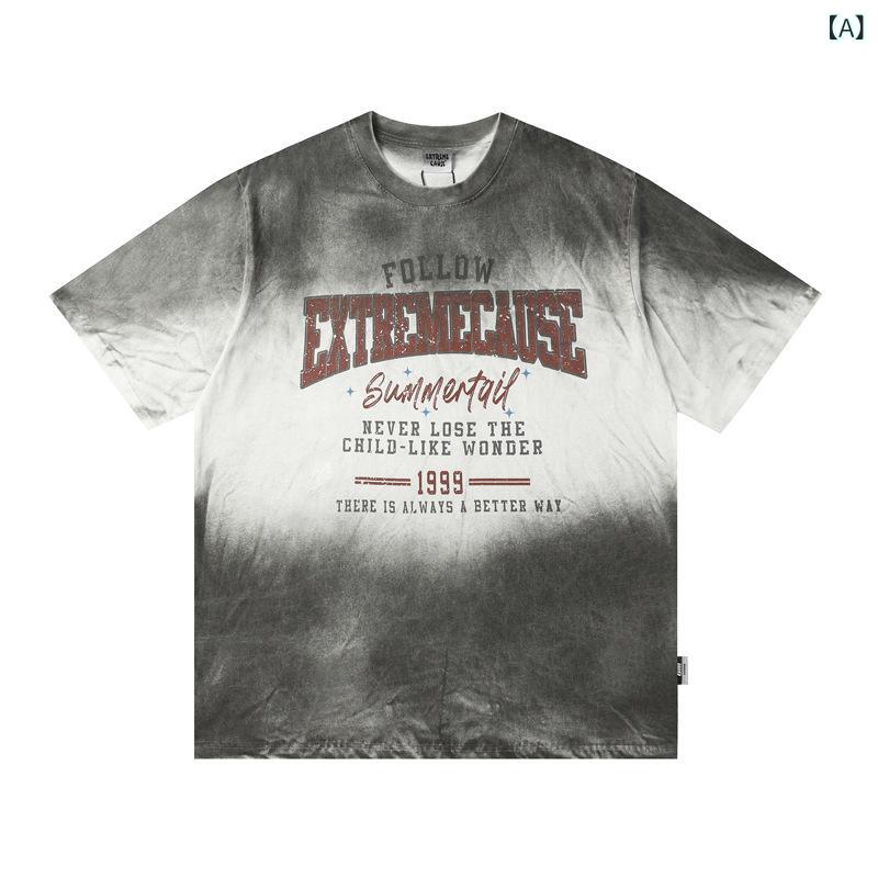 メンズ Tシャツ 半袖 トップス コットン 素材 綿100% グラデーション プリント アルファベット柄 デザイン ゆったり シルエット 丸首 セットアップなし ストリート スタイル ヒップホップ ファッション 透気性 機能 グレー 夏 シーズン 休日