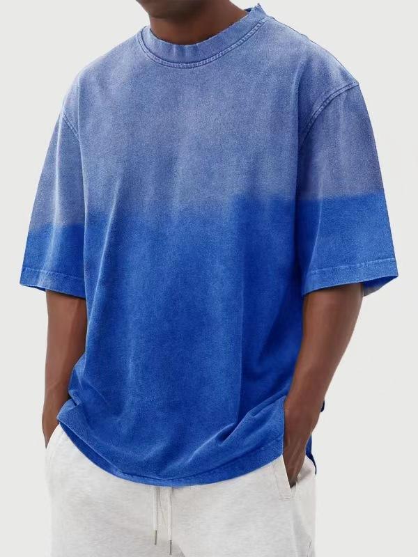メンズ Tシャツ 短袖 洗いざらし グラデーション 柄 コットン 100% 透気性 丸首 ストレート シルエット 青年向け 夏季 黒 紫 緑 カジュアル 日常使い 軽量 柔らかい 肌触り 吸湿性 通気性 ビンテージ風 アメリカンスタイル トップス インナ