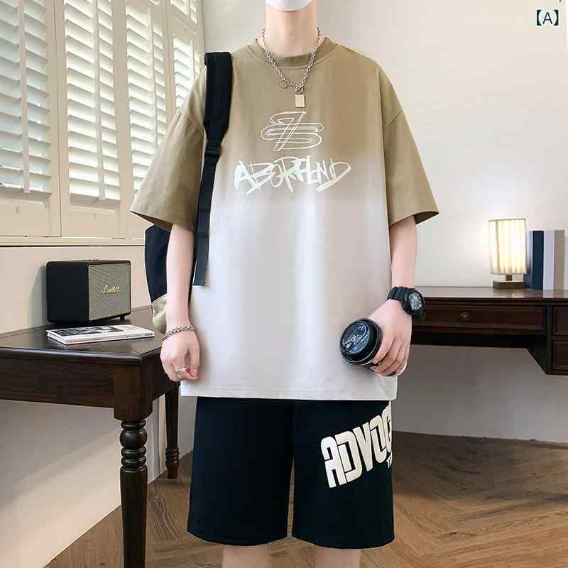 Tシャツ 短袖 男の子 13-15歳 初中高中生 かっこいい 夏服 青少年 運動セットアップ 綿混紡 グラデーション柄 ルーズフィット 丸首 無帽 薄手 透気 吸湿排汗 日常着 幾何学プリント 紫 藍 ・柑其