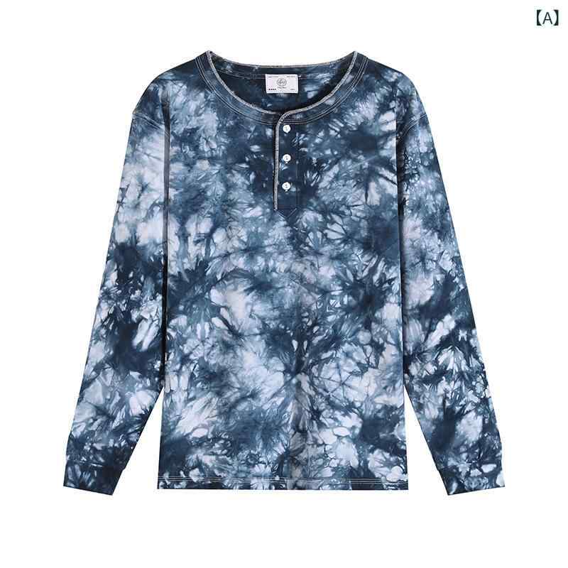 メンズ 長袖 Tシャツ ヘンリーネック 厚手 綿 100% 精梳棉 ピースカラー 切り替え タイダイ柄 透気 ゆったり シルエット 丸首 セットイン袖 秋冬 春 休? カジュアル 都市スタイル 青年向け ベースレイヤー コットン トップス インディゴ 紺