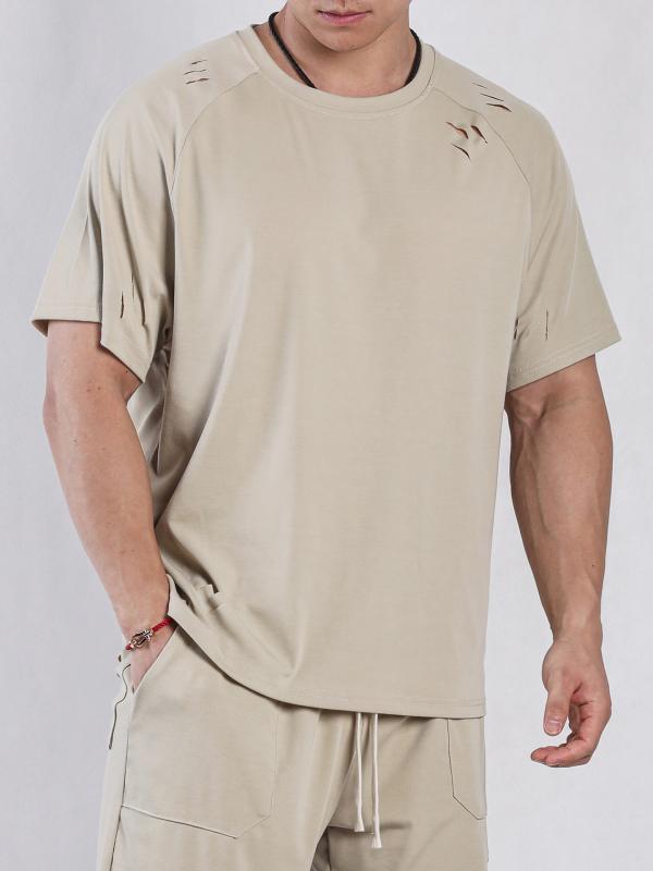 メンズ Tシャツ 短袖 薄手 通気性 速乾 夏季 フィットネス 運動 休? 破れ デザイン ポリエステル 素材 ゆったり シルエット 丸首 落肩袖 黒 灰 杏 色