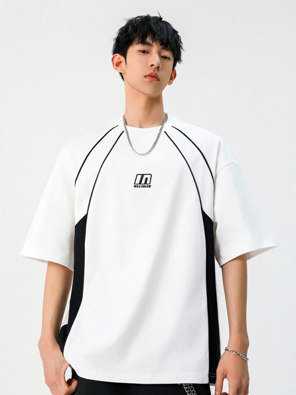 Tシャツ メンズ 短袖 刺繍 切り替え デザイン コットン 素材 ゆったり シルエット 半袖 トップス 潮風 ストリート ファッション 夏季 白色 黒 青年 向け 休? シーン 普通 厚み 丸首 無帽 セットアップ なし
