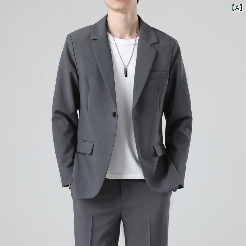 メンズ スーツ セット 修身 ジャケット ビジネス 正装 礼服 軽ビジネス 長袖 平領 単排ボタン ポリエステル 免? 純色 丸下? 黒 灰 春秋 青年向け 休? 都市スタイル