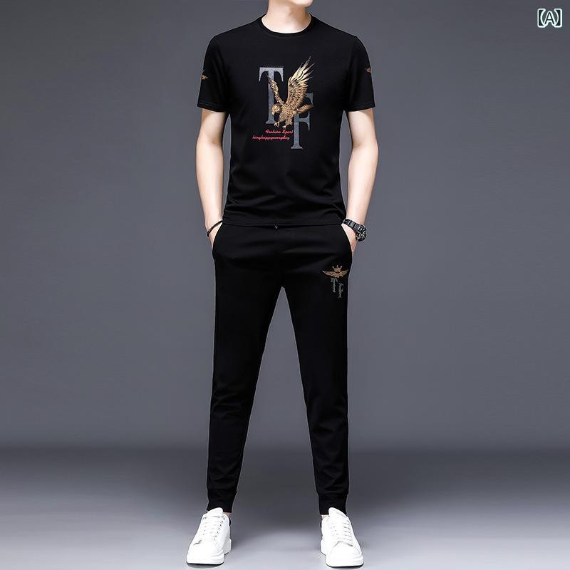 メンズ セットアップ 短袖 Tシャツ 長ズボン 休? ファッション 黒 夏 薄手 化繊混紡 粘繊 55.5% 24-35歳 都市 スタイル スポーツ トップス ボトムス コーディネート 涼しい 軽量 伸縮性 普段使い アウトドア