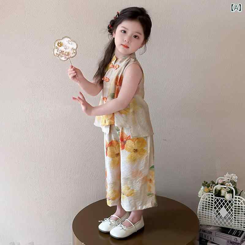 女の子 トップス セット 国風 デザイン 無袖 夏服 九分パンツ 2点セット かわいい 薄手 コットン素材 柔らかい 生地 橘 ピンク 3-8歳向け 日常使い 涼しい 韓国風 スタイリッシュ