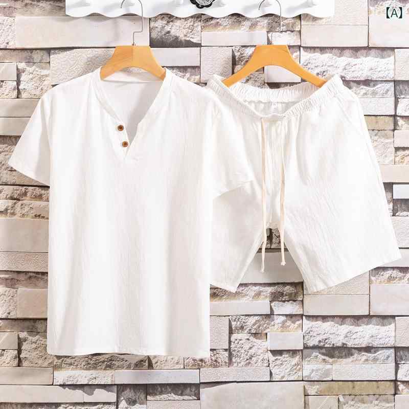 メンズ セットアップ 短袖 Tシャツ 短パン 夏用 綿麻混紡 ボタン ゆったり大サイズ 純色 トップス シャツ ボトムス ショーツ かっこいい スタイリッシュ 軽量 通気性 吸湿性 白色 黒 ライトブルー ゆったりシルエット 普段使い 休日スタイル 快適